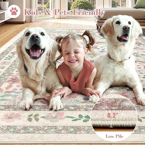 Boho Floral Area Rug 6x9 for Living Room- Deerly Vintage Large Washable Non-Slip Bedroom Carpet Soft Low Pile Thin Floor Mat Indoor for Dining Room Playroom Nursery Farmhouse, Beige/Light Pink/Multi thumbnail 5