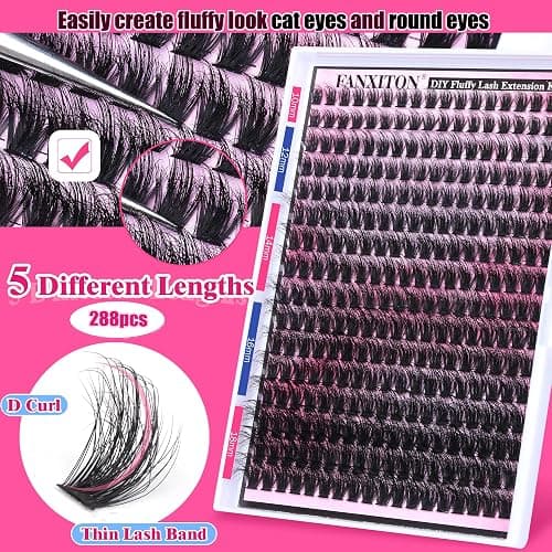FANXITON DIY Lash Extension Kit Full Lash Clusters 288 pcs Thick Lash Clusters Kit D 10-18 mm Cluster Eyelash Extension Kit with Lash Bond and Seal Lash Tweezers Individual Lashes For Beginners thumbnail 5
