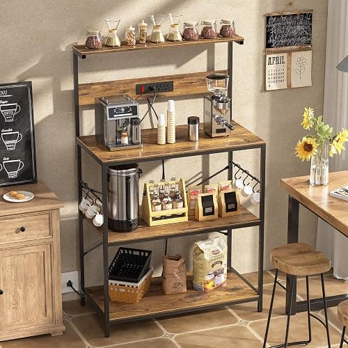 VUSIGN Kitchen Bakers Rack with Power Outlet, 4-Tier Coffee Stand with 6 S Hooks, Adjustable Kitchen Microwave Stand, Appliance Storage Shelf Rack for Spices, Pots and Pans, Rustic Brown,31.5" W thumbnail 2