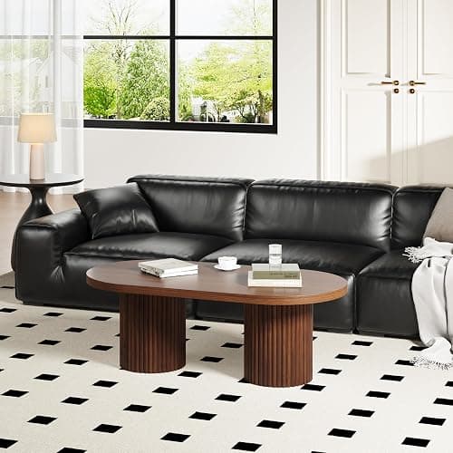 RUSTYER Oval Fluted Coffee Table, Farmhouse Wood Coffee Table Mid Century Modern Center Table Boho Living Room Tables for Living Room Office (Walnut, 19.69" D x 39.38" W x 13.78" H) - Walnut - 19.69"D x 39.38"W x 13.78"H thumbnail 9