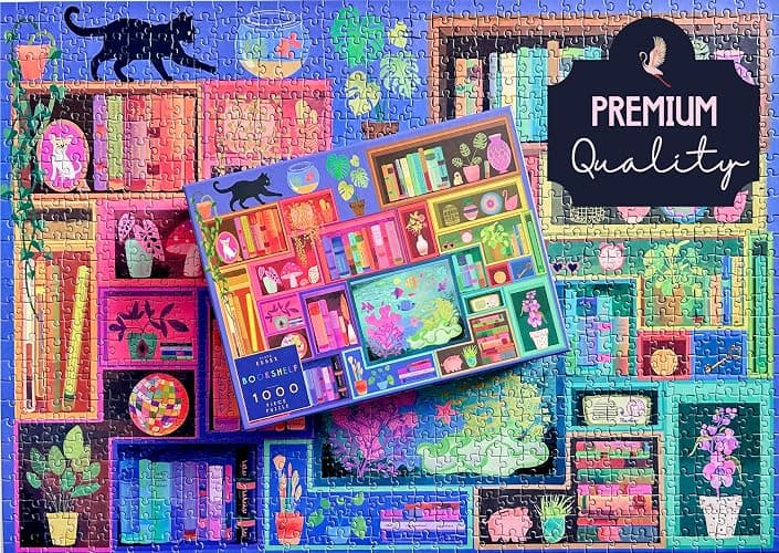 Elena Essex 1000 piece Jigsaw Puzzles for Adults - Bookshelf, Jigsaw Puzzles for Adults 1000, Adult Jigsaw Puzzles 1000 Pieces, Colourful Books Cat Flower Rainbow Puzzle, Size 70x50cm thumbnail 4