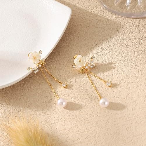 Dangle Pearl Drop Earrings Christmas Gifts For Women Trendy Long Threader Chain Dainty Flower Wedding Earrings For Brides CZ Cute 14K Gold Statement Sparkly Jewelry thumbnail 3