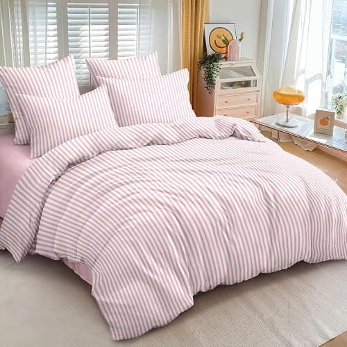 Sedefen Striped Duvet Cover Queen Size Pink Stripes Bedding Set 3 Pcs Kids Boys Girls Women White Geometric Stripe Reversible Soft Microfiber Duvet Cover with 2 Pillowcases thumbnail 2