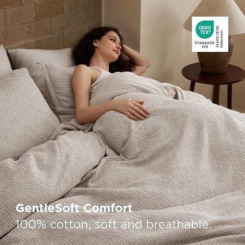 Bedsure Waffle Duvet Cover King - 100% Cotton Duvet Cover Linen Color, Space-Dyed for Enhanced Bedroom Aesthetics, GentleSoft™ and Stylish All-Season, 3-Piece Bedding Set with Button Closure, 104"x90" thumbnail 4