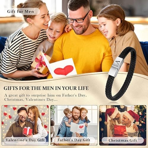 FOCOOG Leather Bracelets for Mens Gifts - Premium Genuine Leather Adjustable Stainless Steel Magnetic Clasp Mens Initial Bracelet, Unique Gifts for Men Husband Dad Son thumbnail 3