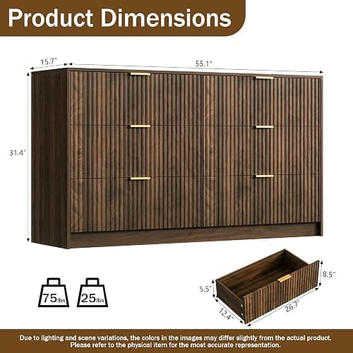 Furniway Walnut Dresser for Bedroom, Modern Dresser with 6 Drawers and Smooth Slides, Wide Chest of Drawers with Golden Handles for Bedroom, Living Room, Closet, 15.7" D x 55.1" W x 31.4" H thumbnail 2
