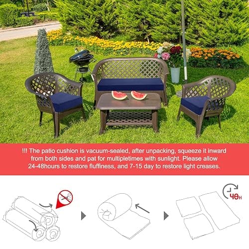 Leinuosen 3 Pcs Outdoor Chair Cushions Set 44 x 19 Inch Loveseat Tufted Waterproof Patio Furniture Love Seat Pad Cushion for Square Settee Indoor Sofa Wicker Couch Bench(Navy Blue) thumbnail 6