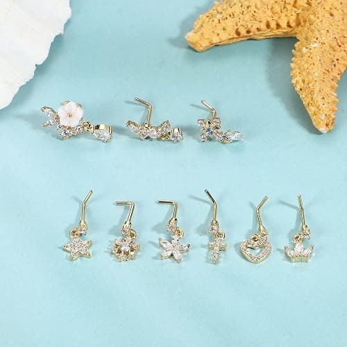 ORAZIO 9 PCS Dangle Nose Rings - L Shaped for Women, 20G Stainless Steel Nose Rings Studs with CZ Cross, Crown, Flower, Heart Dangling Piercing Jewelry - L-Gold Tone thumbnail 2