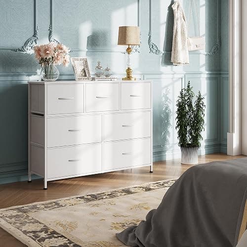 WLIVE 7 Drawer Dresser TV Stand, Dressers for Bedroom, Fabric Storage Tower, Hallway, Entryway, Closets, Sturdy Steel Frame, Wood Top, Easy Pull Handle, White thumbnail 7