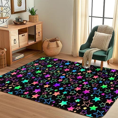 Neon Stars 5x7 Area Rugs,Rainbow Glitter Washable Area Rug for Living Room Soft Anti-Skid Thin Carpet Indoor Floor Carpets for Bedroom Dining Room Farmhouse Nursery Home Office thumbnail 7