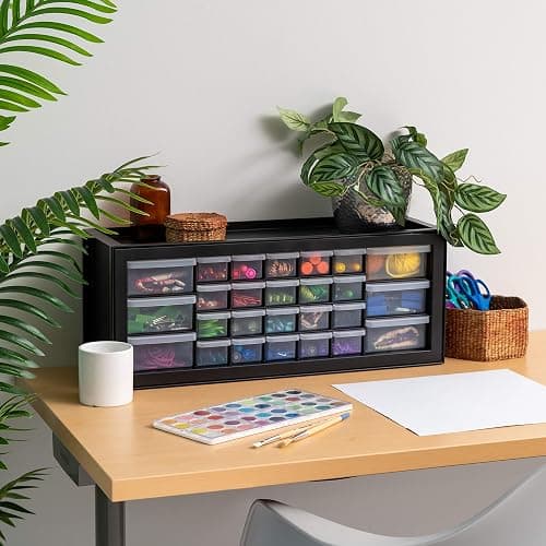 IRIS USA Plastic Storage Drawers, 26-Drawer, Stackable Teacher Toolbox, Small Parts Organizer Cabinet for Sticker Crayon Marker Bead Balloon Building Bricks Tool Hardware, Garage Storage Bins, Black thumbnail 10