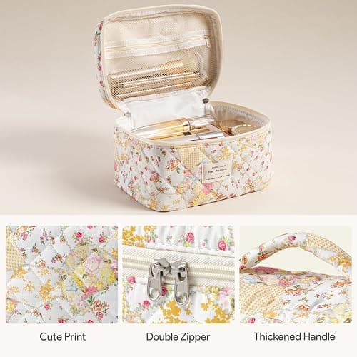 HBselect 3 PCS Quilted Makeup Bag, Cotton Large Travel Makeup Bag, Cute Floral Coquette Make up Bag Cosmetic Bag Toiletry Bag for Women Girls thumbnail 3