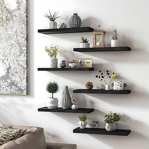 YFYEO Black Wood Floating Shelves for Wall Rustic Wall Shelf for Bedroom Living Room Set of 4 thumbnail 4