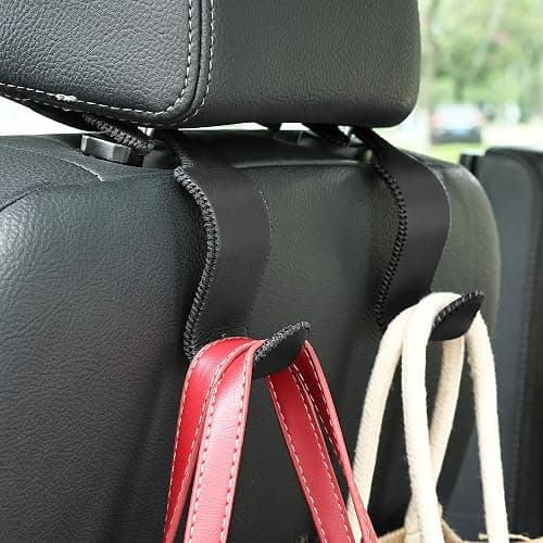 Amooca Car Seat Headrest Hook Universal Vehicle Storage Hanger Leather with Metal Car Seat Back Organizer for Handbag Purse Coat Black 2 Pack thumbnail 2