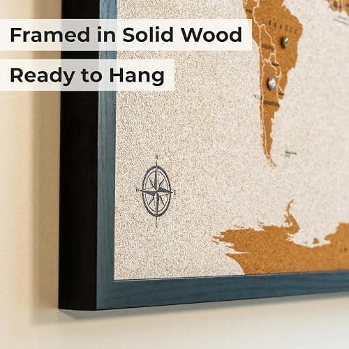 World Map Pin Board Large 30"x20" Framed | Cork Wall Map with Country Flags, Metallic & Colored Pins | World Travel Map with Pins | Unique Push Pin Map Gift for Travelers, Couples & Families. thumbnail 6