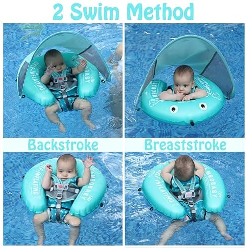 Mambobaby Float Self-Inflating Baby Pool Float with Canopy Compressible Pool Swim Float Infant Soft Solid Swimming Trainer with Removable UPF 50+ UV Sun Protection Canopy, Pink thumbnail 2
