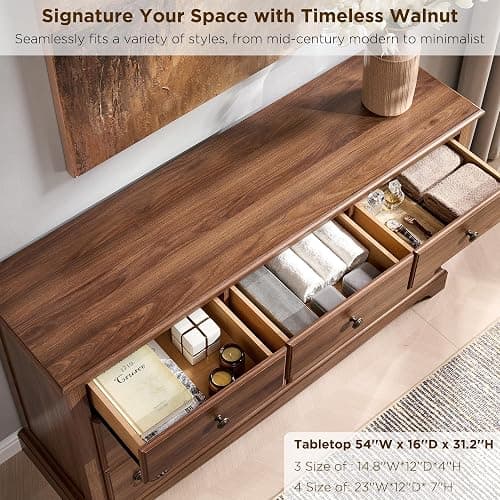 T4TREAM 54" Wide 7 Drawers Dresser Chests for Living Room, Light Walnut | Vintage handle Farmhouse Wood Storage Organizer Bedroom,Hallway thumbnail 4