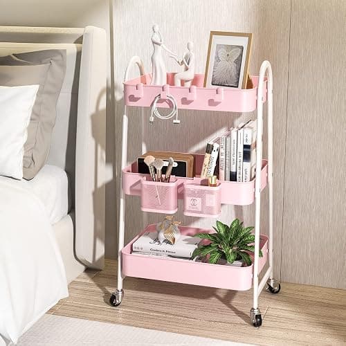 KINGRACK 3 Tier Utility Rolling Carts, Metal Rolling Storage Cart, Craft Art Cart with Handle and Locking Wheels & 2 Hanging Baskets 4 Hooks for Bathroom, Bedroom, Pink - Pink With Basket and Hooks thumbnail 2