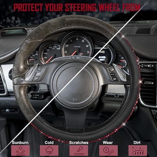 CAR PASS Red Diamond Black Leather Steering Wheel Cover, with Bling Crystal Rhinestones Universal Fit 14" 1/2-15" Crystal Glitter for Women Sparkle Girl Fit Suvs,Vans,Sedans,Cars,Trucks, Red Diamond thumbnail 6