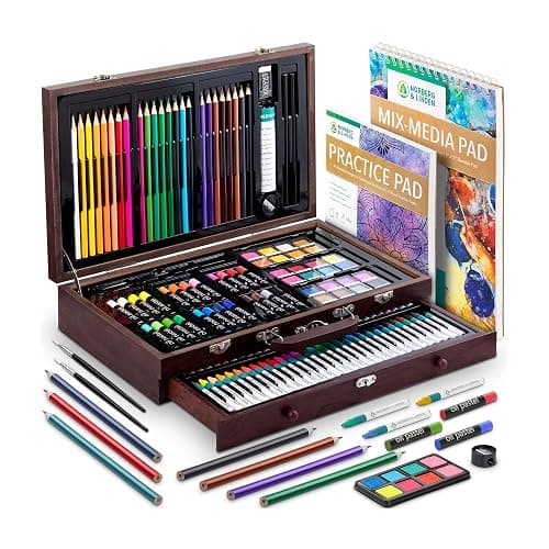 Norberg & Linden 144-Piece Art Set in Wooden Box with Drawer - Art Set for Adults, Teens, Kids - Premium Art Supplies - Includes Watercolors, Oil Pastels, Crayons, & More - Image 1