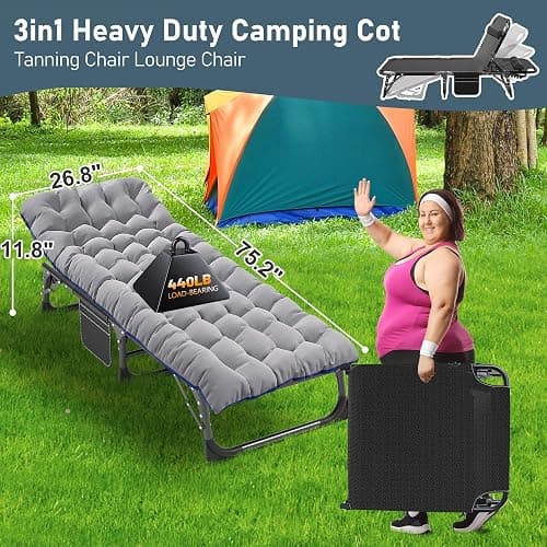 ABORON Patio Lounge Chair, Folding Guest Bed Cot for Adults, 500LB Heavy-Duty Capacity, Portable Extra Bed with Comfort Mat, Quick Fold Design for Indoor Guest Stays & Temporary Use thumbnail 3