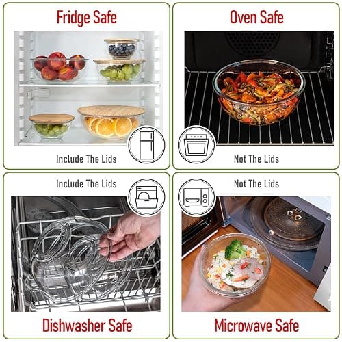 dokaworld Stackable Space-Saving Set of 5 Nesting Glass Bowls with Bamboo Lids for Foodprep, Storage, Baking, Mixing & Cooking, Microwave & Oven Safe BPA Free Heat Resistant Inert Borosilicate Glass thumbnail 7