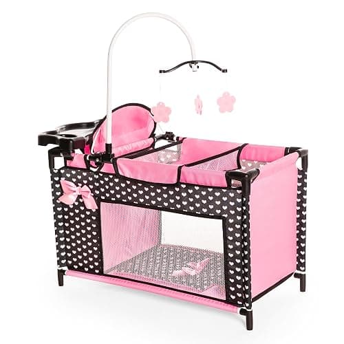 Doll bed with integrated high chair, changing table, mobile, black, pink | changing table, mobile, clothes hanger, doll accessories for sleeping thumbnail 3
