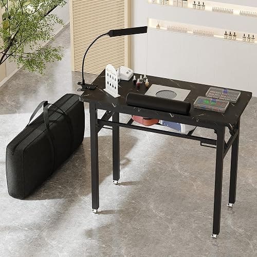 Portable & Foldable Manicure Table w/Dust Collector, Rolling Nail Tech Desk w/LED Light Lamp, Wrist Cushion, Lockable Wheels, Carrying Case, for Home Travel Beauty Salon Workstation (Marble Black) thumbnail 2