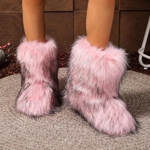 CryoSnowVale Women Faux Fur Furry Boot Fluffy Mid Calf Snow Boots Round Toe Suede Comfy Warm Flat Shoes Winter For Girl thumbnail 6