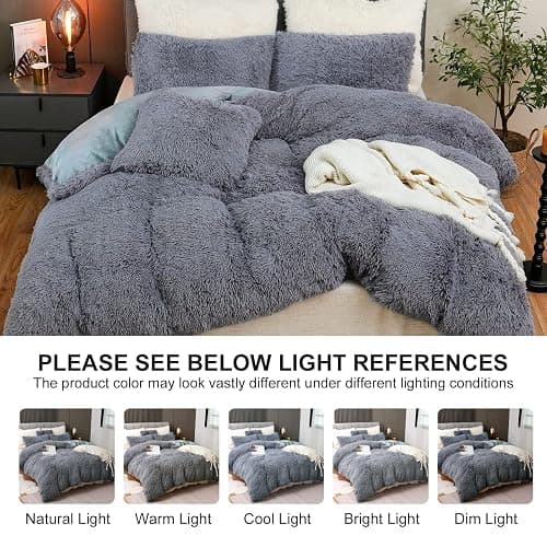 Fluffy Plush Duvet Cover Set , Luxury Ultra Soft Velvet Fuzzy Comforter Cover Bed Sets 4Pcs(1 Faux Fur Duvet Cover + 2 Pillow Cases + 1 Cover) Zipper Closure (Queen, Dark Gray) thumbnail 6
