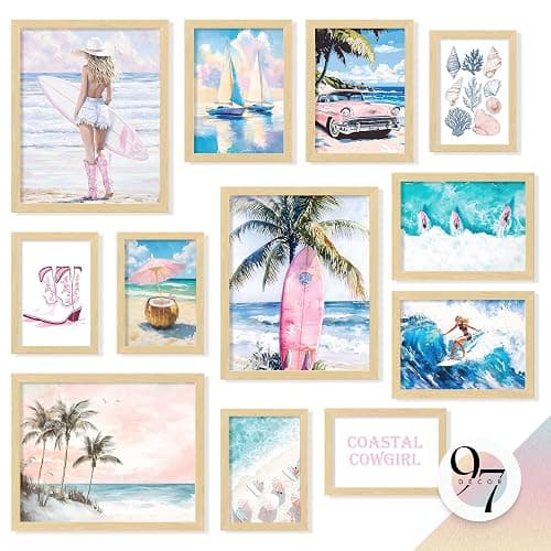 97 Decor Coastal Cowgirl Wall Art, 12 Pcs Preppy Beach Posters, Unframed | Coastal granddaughter decor, teen girl bedroom and dorm, mixed 8x10 5x7 4x6 sizes, blue beachy cardstock prints - Image 1