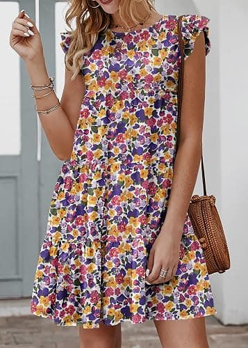 KIRUNDO Women's Summer Dresses Sleeveless Ruffle Sleeve Round Neck Solid Loose Short Flowy Pleated Mini Babydoll Dress - Floral3-white Purple - Large thumbnail 3