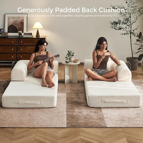 79" Convertible Sofa Bed with Fixed-Shape Frame & Removable Armrests, Modular Corduroy Sleeper Sofa, Folding Mattress Couch for Small Spaces - No Assembly Needed in White (Includes 2 Pillows) - White thumbnail 6