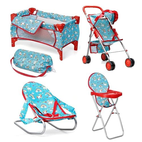 Fash n kolor® 4 Piece Doll Play Set, Doll Accessories Gift, Toy Set -Unicorn Design Includes, Doll Foldable Bed, Doll Stroller, Doll High Chair and Doll Seat, Dolls Gift Set (4 Piece Set) - Image 1