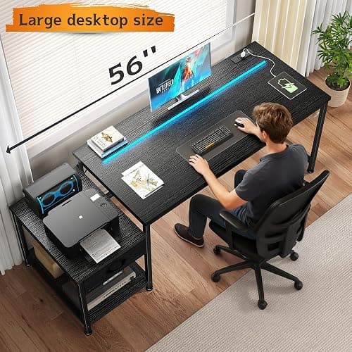 DurayLoly Gaming Desk 56 Inch with LED Lights and Power Outlets,Reversible Computer Desk with Drawers and Shelf,Gaming Table with Hooks for Headphone,Bags,Black Desk for Bedroom,Dorm,Black thumbnail 7