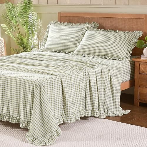 kisswish Gingham Queen Sheet Set, Lightweight Super Soft Brushed Microfiber Plaid Bed Sheets with 16" Deep Pocket, 4 Piece Ruffle Farmhouse Bedroom Decor, Sage Green - Image 1
