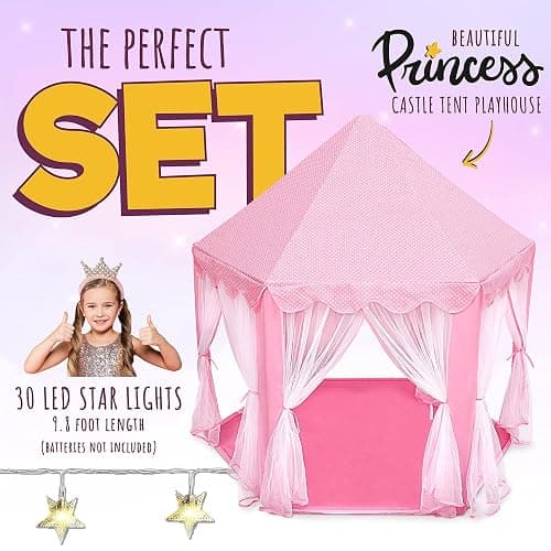 ORIAN Princess Castle Playhouse Tent for Girls with LED Star Lights – Indoor & Outdoor Large Kids Play Tent for Imaginative Games – ASTM Certified, 230 Polyester Taffeta. Pink 55"x53". thumbnail 3