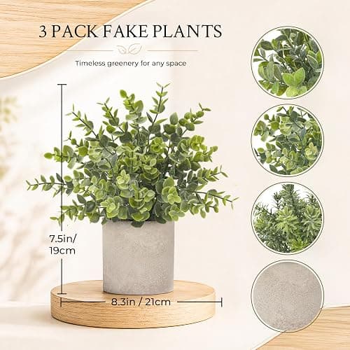 Der Rose 3 Pack Mini Potted Fake Plants Artificial Plastic Eucalyptus Plants Topiaries for Home Office Desk Farmhouse Shelf Room Bathroom Decor(Sage Green) thumbnail 3