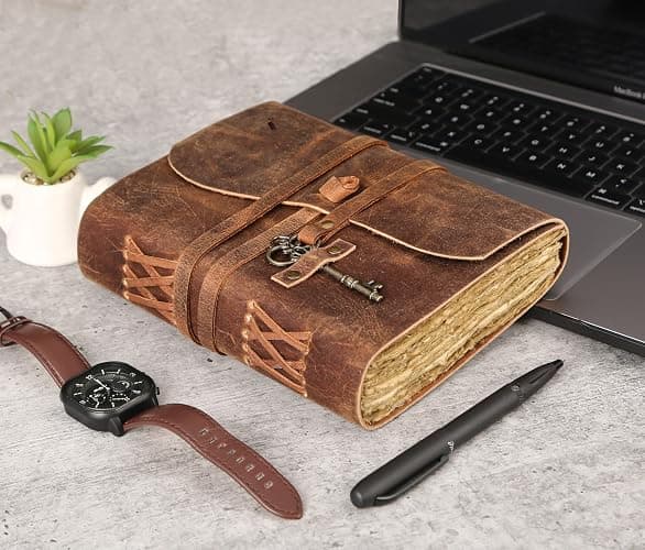 Leather Journal with Unlined Deckle Edge Paper 8x6 inch and Vintage Key | Handmade Writing Notebook Diary | Bound Daily Notepad for Men & Women Medium, Sketch/Writing pad for Artists thumbnail 5