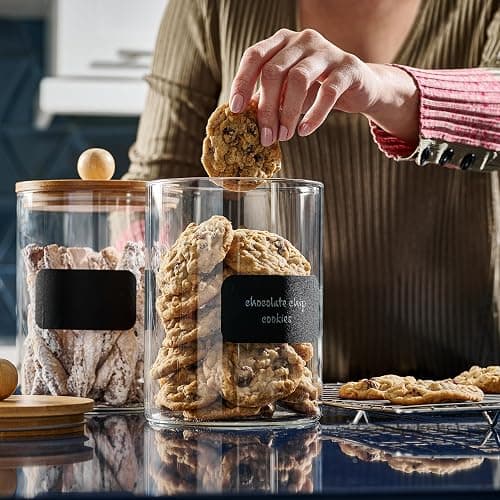 Le'raze 1 Gallon Glass Canister Set for Kitchen Counter with Airtight Bamboo Lids + Marker & Labels - of 2 Large Cookie Jars Wooden Lid, Food Storage Containers Pantry, Flour, Sugar, Pasta, Candy, thumbnail 4