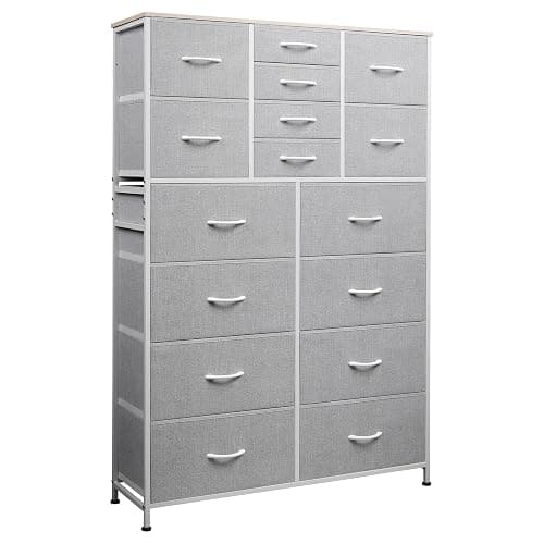 GALAXHERO Tall Console Table with 16 Fabric Drawers, Entryway Table with Storage, Large Storage Organizer with Wood Top, Steel Frame for Living Room, Hallway, Office, Light Grey - Image 1