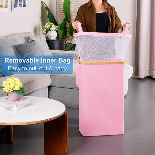 efluky Slim Laundry Basket with Lid, Narrow Laundry Hamper with Removable Bag, Skinny Dirty Clothes Basket with Bamboo Handles for Bathroom, Bedroom & Laundry Room, 75L Pink thumbnail 7