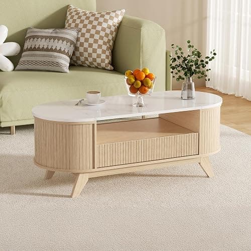 Coffee Table with Storage, Mid Century Modern Center Table for Living Room, Oval Fluted Coffee Table with Hidden Storage Space, Open Shelf & Drawer, Natural Wood thumbnail 7