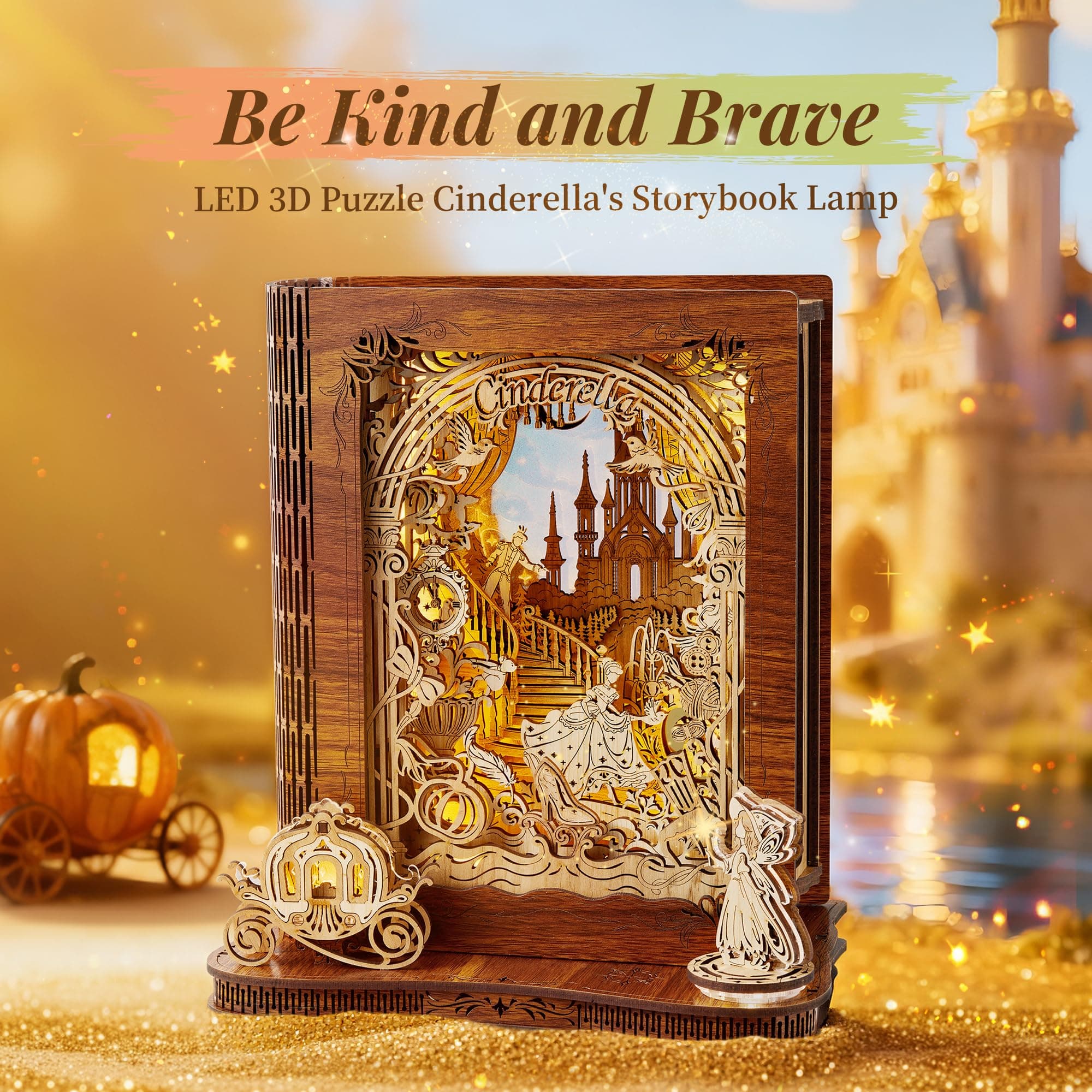 Cinderella LED 3D Wood Puzzle Nightlight – DIY Storybook Book – 3D Wood Puzzle Gifts, Home Décor for Kids and Adults thumbnail 2