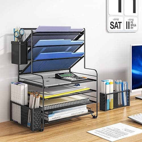 Simple Trending 7 Tier Desk File Organizer, Letter Tray Paper Organizer with Pen Holder and Metal Hanging Basket, Black - Black thumbnail 2