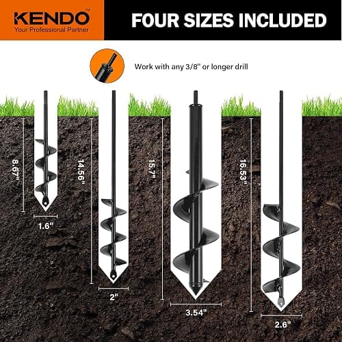 KENDO Auger Drill Bit for Planting Set of 4, Garden Ground Earth Spiral Drill Bits and Bulb Planter Tool for 3/8" Hex Drive Drill, for Post Hole Digger, Bulb Bedding Digging, Plant Rapid Planter thumbnail 2