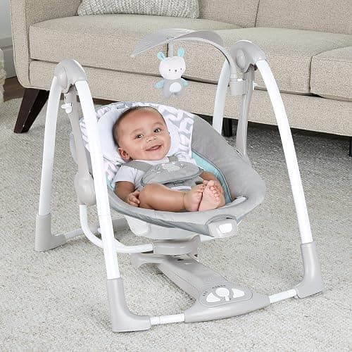 Ingenuity ConvertMe 2-in-1 Compact Portable Automatic Baby Swing & Infant Seat, Battery-Powered Vibrations, Nature Sounds, 0-9 Months 6-20 lbs (Raylan) | Electric Swing to Infant Seat, 5 Swing Settings, Battery-Saving Vibrations, Nature Sounds, USB PowerAdapt Cord, 6-20 lbs thumbnail 11