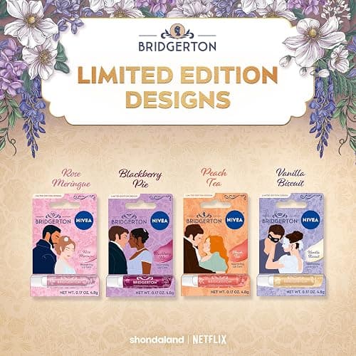 NIVEA Lip Care, Bridgerton Limited Edition Moisturizing Lip Balms with Shea Butter, Blackberry Pie, Peach Tea, Rose Meringue, and Vanilla Biscuit, Four 0.17 Oz Sticks thumbnail 3