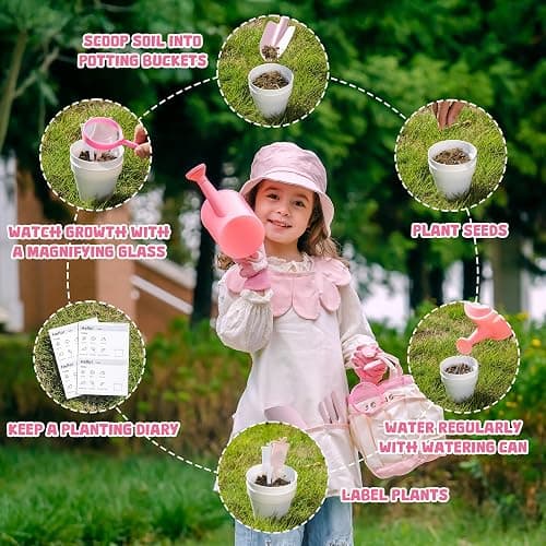 ROBOTIME Kids Gardening Set, 17PCS Kids Gardening Tools for Girls, Toddler Gardening Set with Hat, Apron, Gloves, Watering Can & Tool Bag – Outdoor Garden Toy Kit (Pink) thumbnail 5