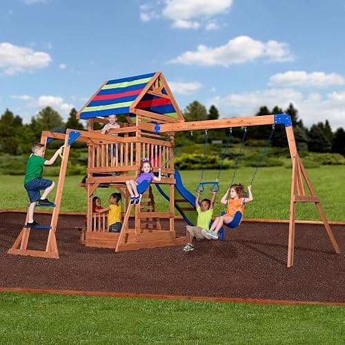 Backyard Discovery Beach Front All Cedar Wooden Swing Set with Monkey Bars, Large Upper Deck with Canopy, Ships Wheel, Play Telescope, Sandbox, Snack Bench, Rock Wall thumbnail 9